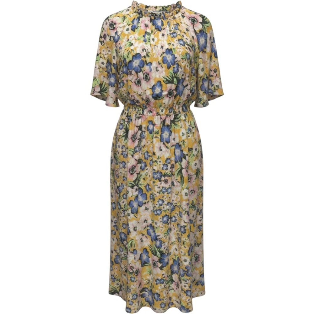 Maggy London Yellow Floral Gathered Neck Short Sleeve Midi Dress Size 4